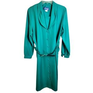 NWT VTG Womens Sz 16P Button Front Shirt Dress Nancy II Green Belted Long Sleeve